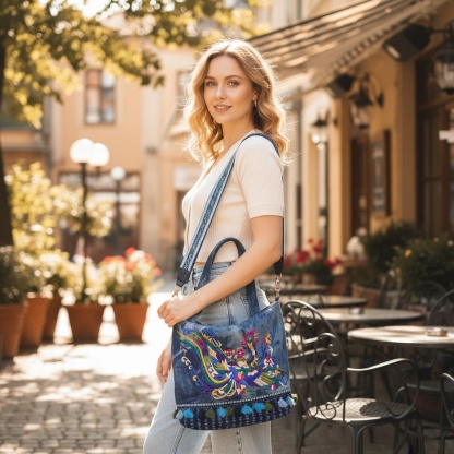 Auspicious Bird Vintage Embroidered Tie Dye Denim Tote Bag