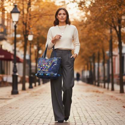 Auspicious Bird Vintage Embroidered Tie Dye Denim Tote Bag