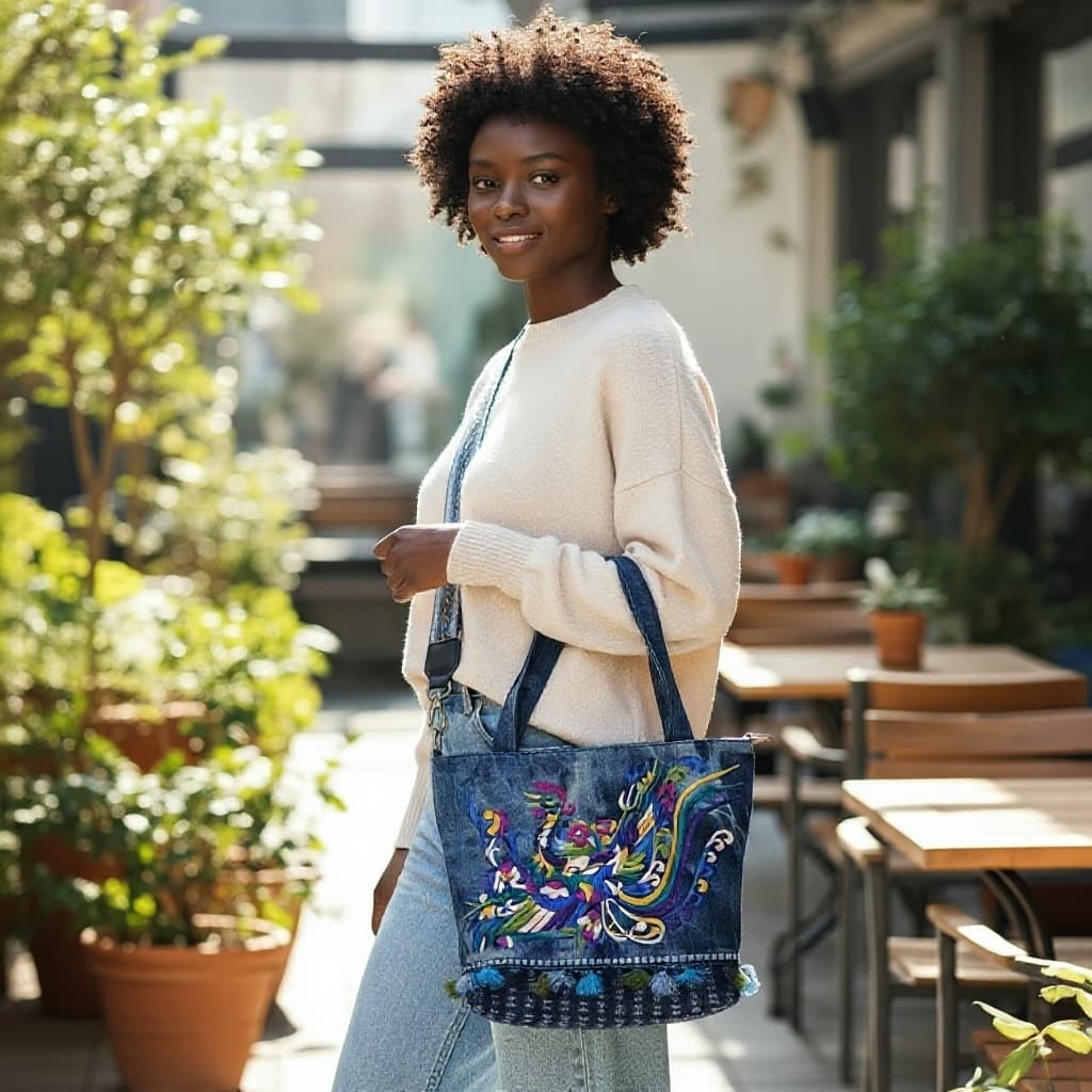 Auspicious Bird Vintage Embroidered Tie Dye Denim Tote Bag