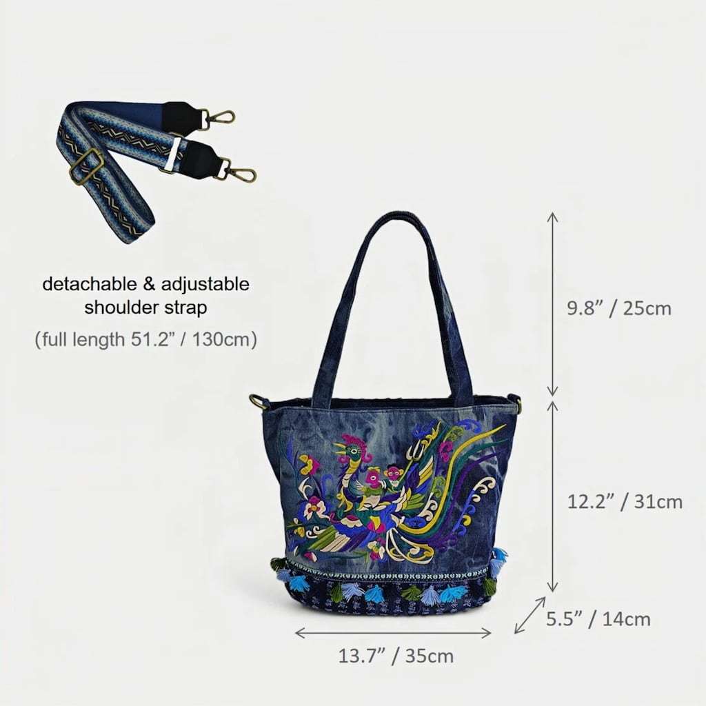 Auspicious Bird Vintage Embroidered Tie Dye Denim Tote Bag
