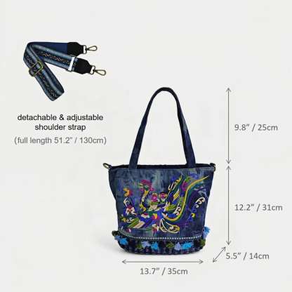 Auspicious Bird Vintage Embroidered Tie Dye Denim Tote Bag