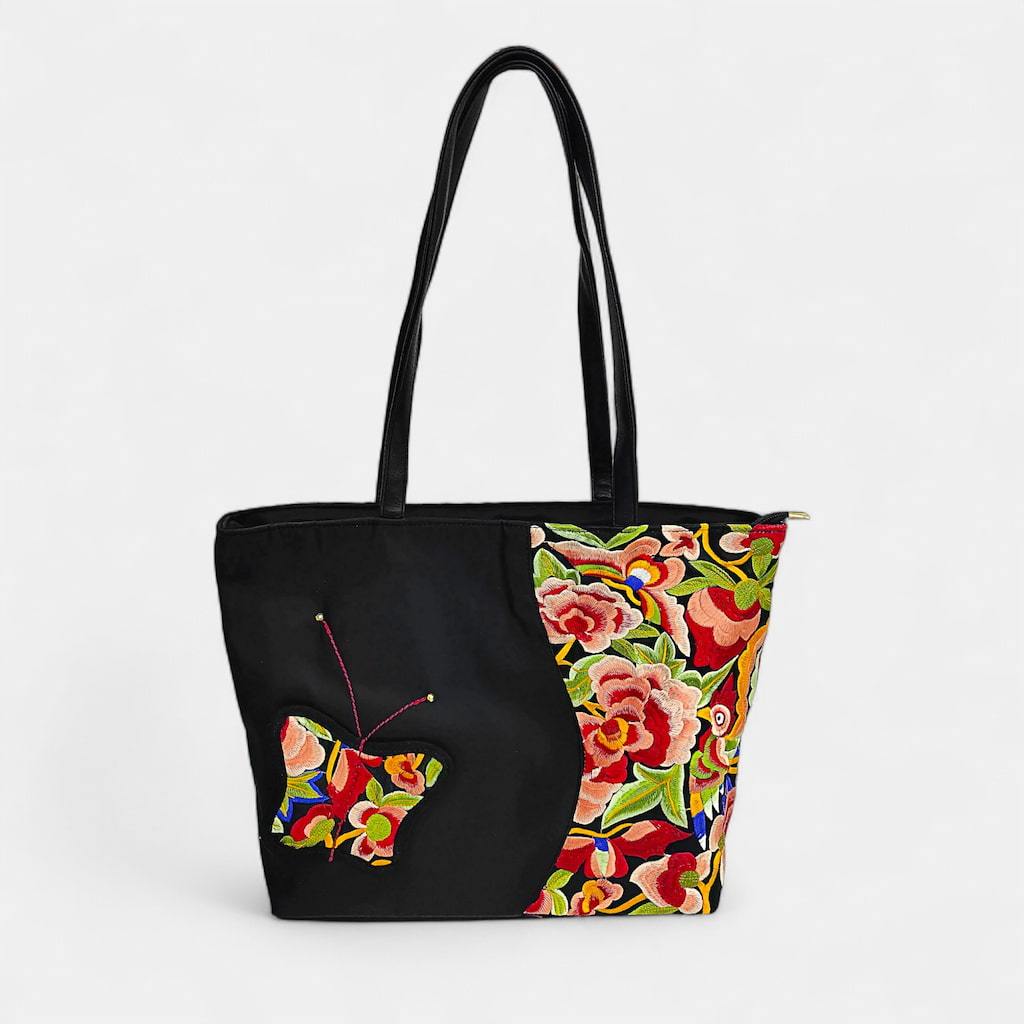 Vintage Embroidered Nylon Tote Bag with Floral and Butterfly Pattern