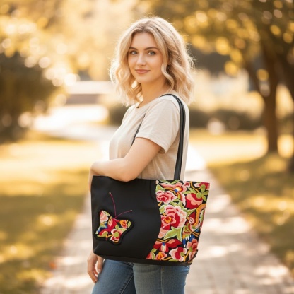 Vintage Embroidered Nylon Tote Bag with Floral and Butterfly Pattern