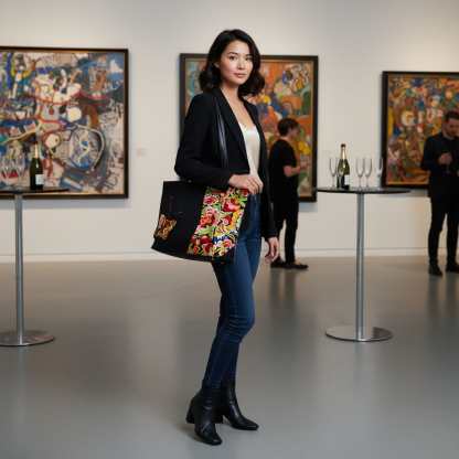 Vintage Embroidered Nylon Tote Bag with Floral and Butterfly Pattern