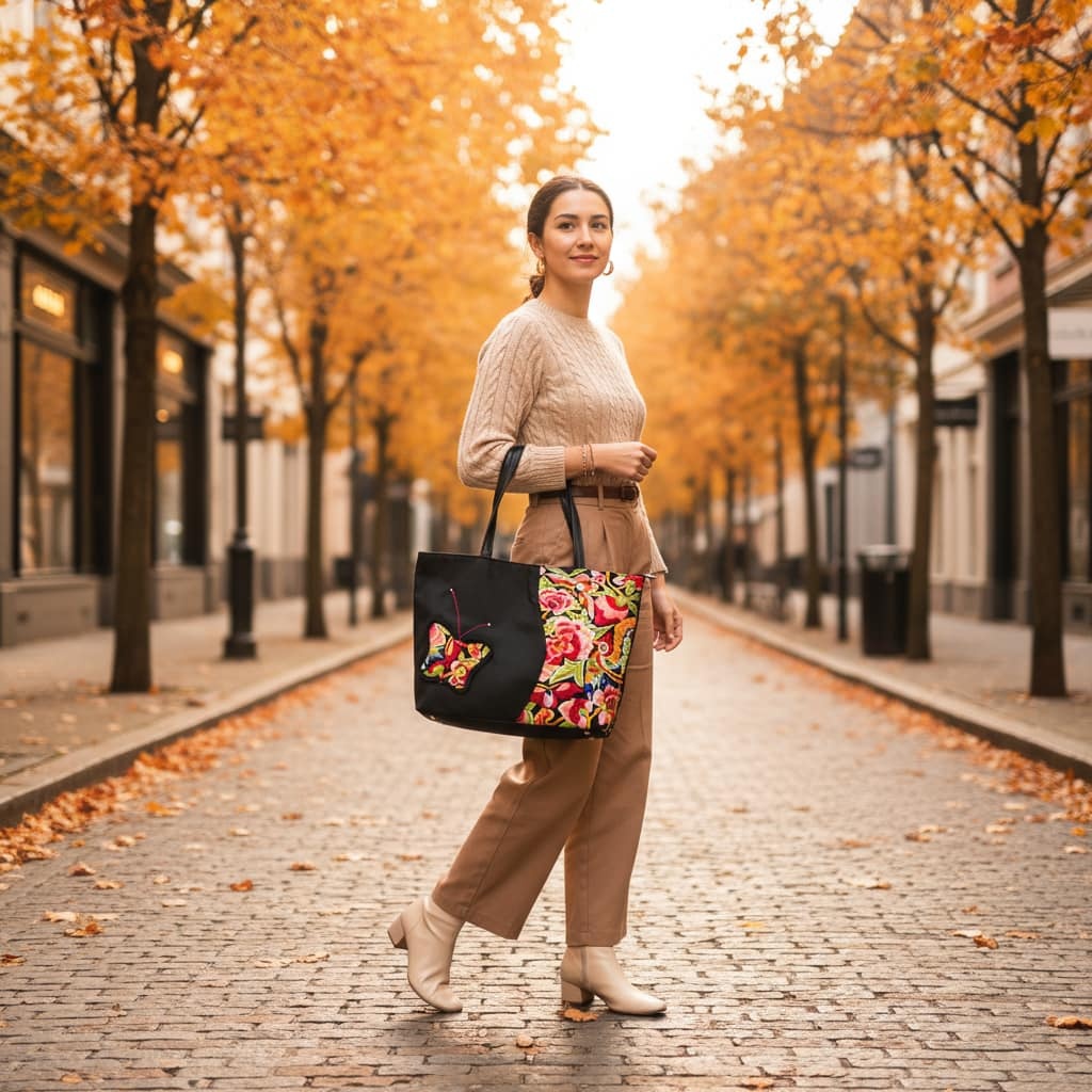 Vintage Embroidered Nylon Tote Bag with Floral and Butterfly Pattern