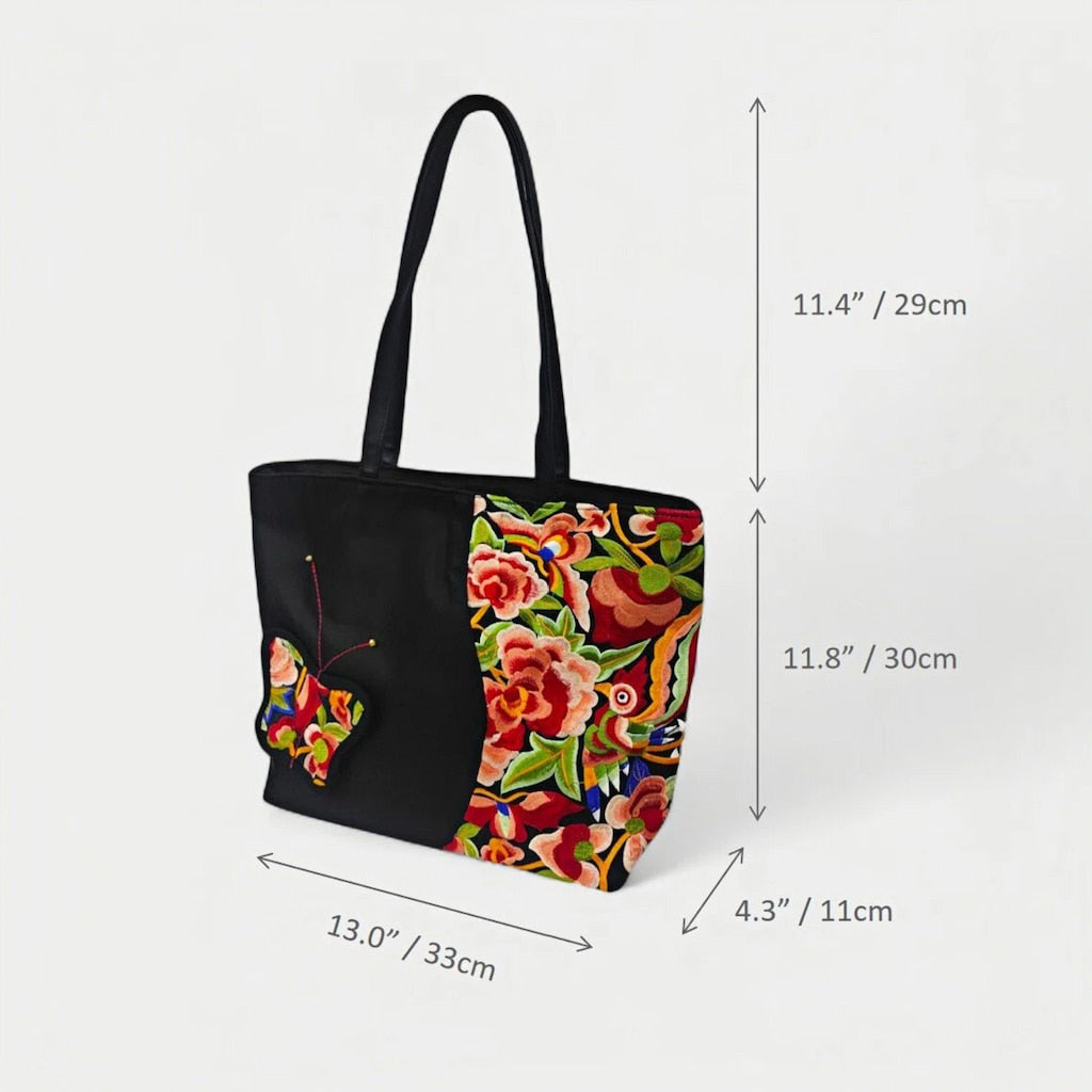 Vintage Embroidered Nylon Tote Bag with Floral and Butterfly Pattern
