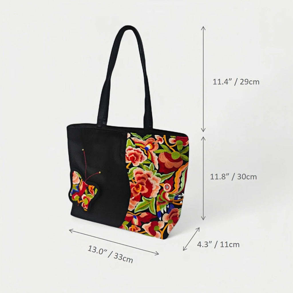 Vintage Embroidered Nylon Tote Bag with Floral and Butterfly Pattern