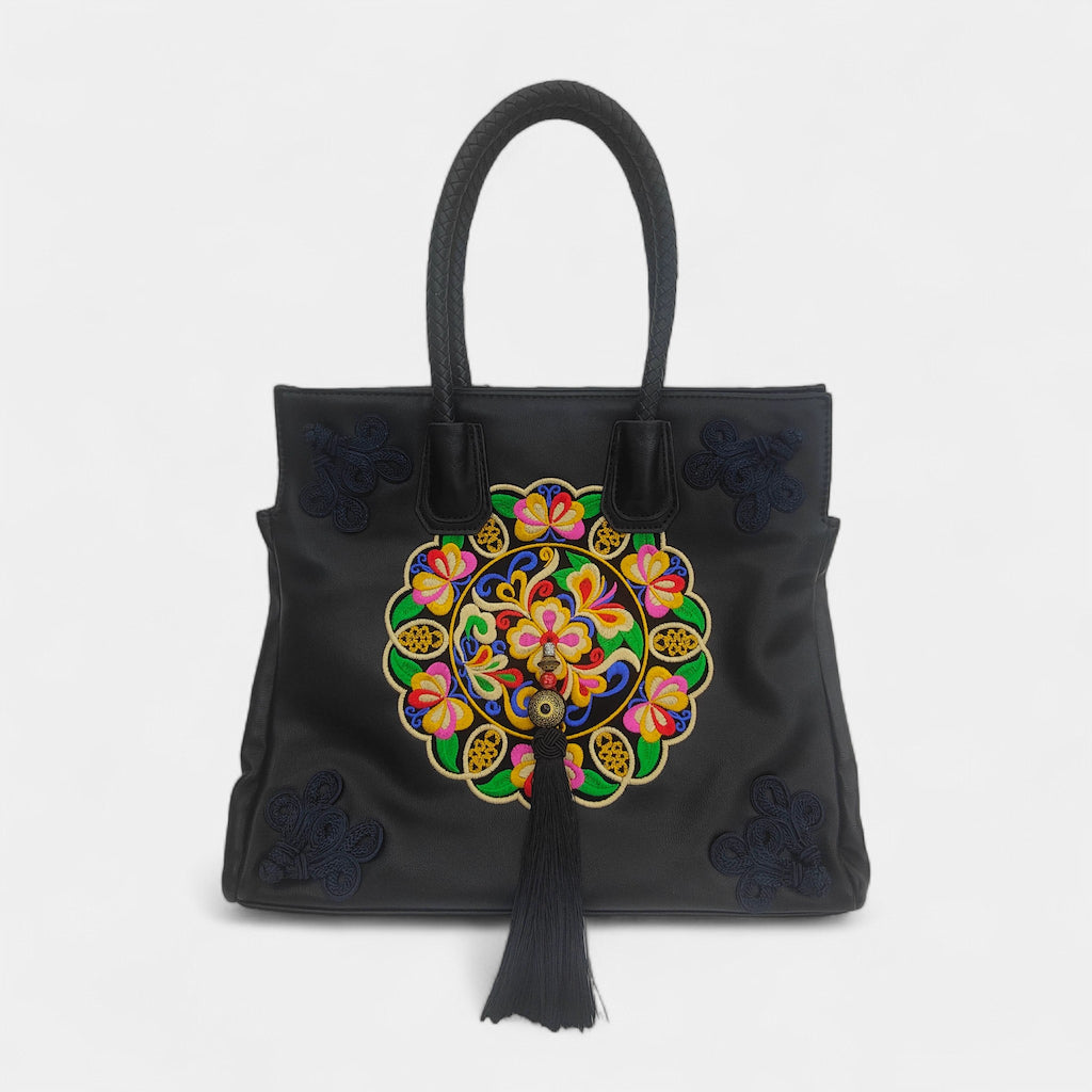 Vintage Butterfly Embroidered Tote Bag PU Leather with Tassels