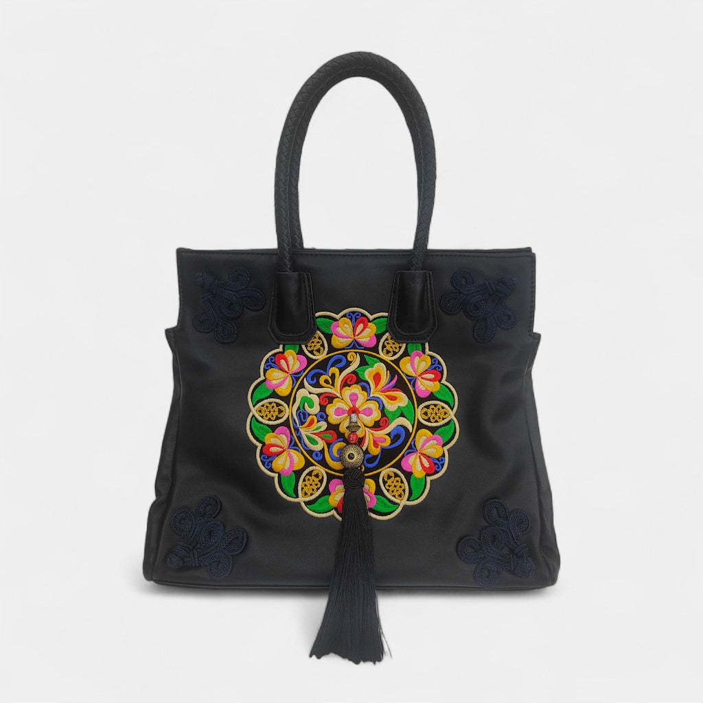 Vintage Butterfly Embroidered Tote Bag PU Leather with Tassels