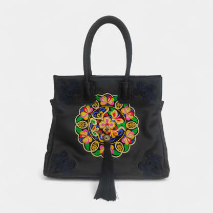 Vintage Butterfly Embroidered Tote Bag PU Leather with Tassels