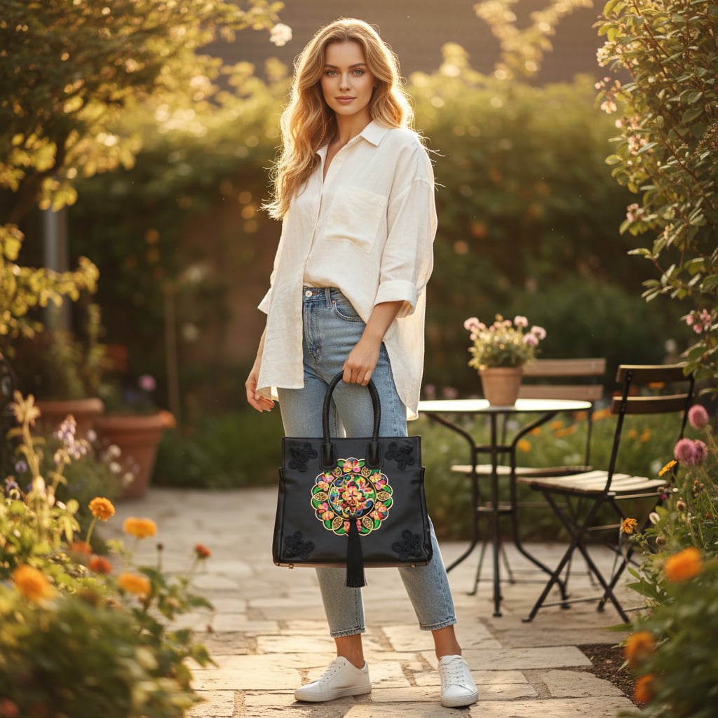 Vintage Butterfly Embroidered Tote Bag PU Leather with Tassels