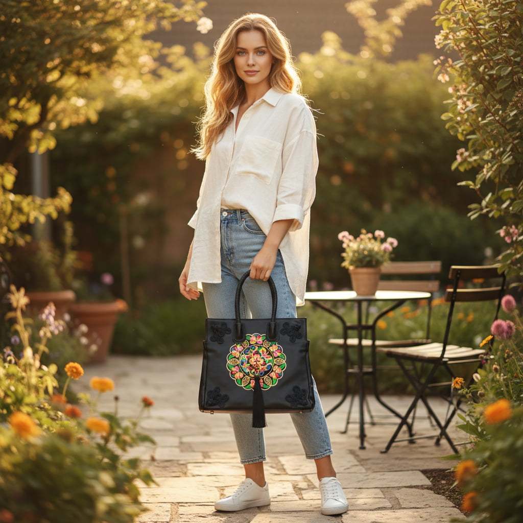 Vintage Butterfly Embroidered Tote Bag PU Leather with Tassels