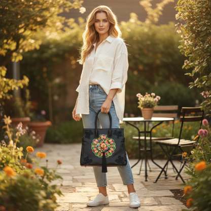 Vintage Butterfly Embroidered Tote Bag PU Leather with Tassels