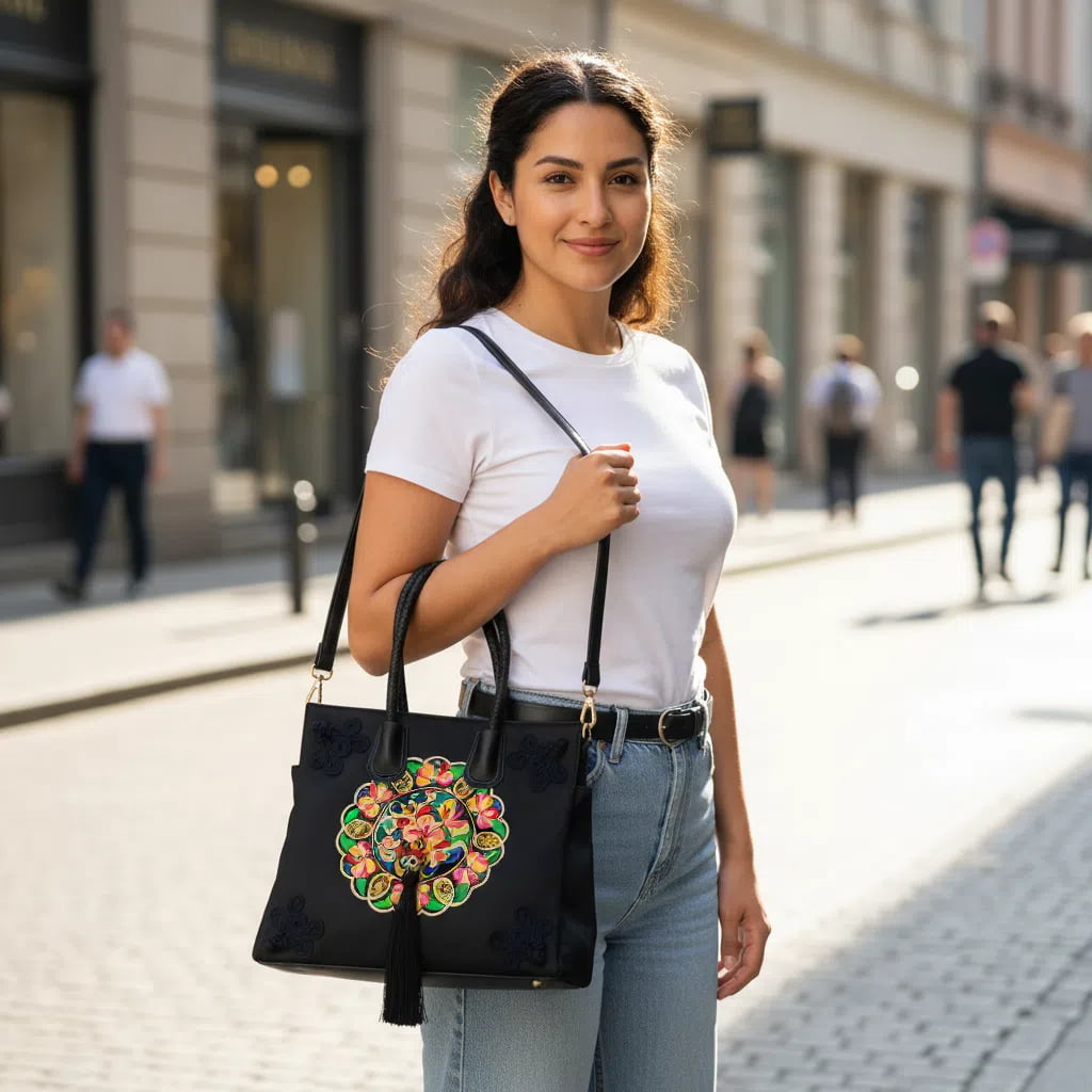 Vintage Butterfly Embroidered Tote Bag PU Leather with Tassels
