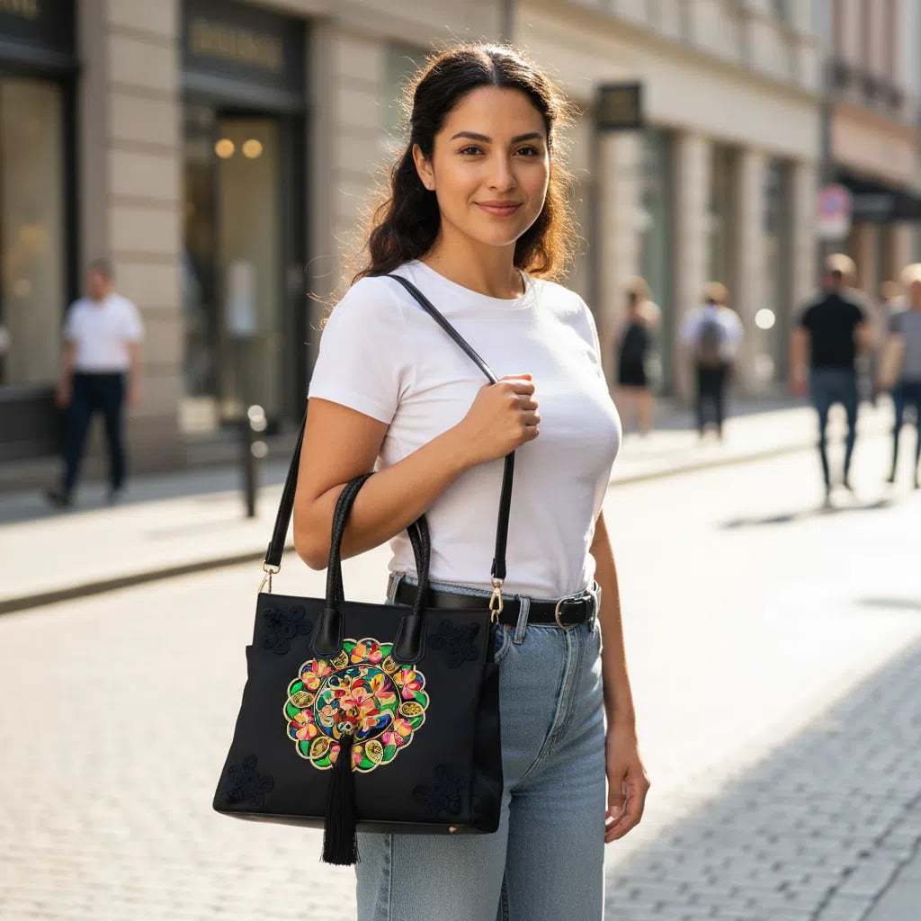 Vintage Butterfly Embroidered Tote Bag PU Leather with Tassels