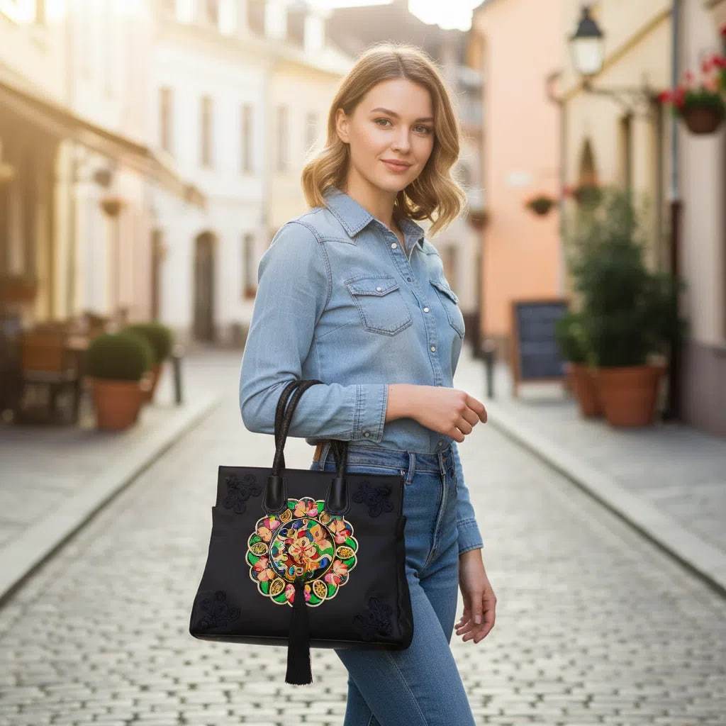 Vintage Butterfly Embroidered Tote Bag PU Leather with Tassels