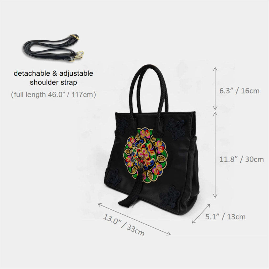 Vintage Butterfly Embroidered Tote Bag PU Leather with Tassels