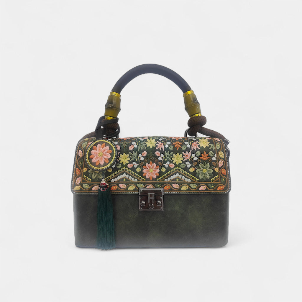 Designer Floral Handbag | Vintage Embroidered Green Message Bag with Bamboo Handle & Tassel