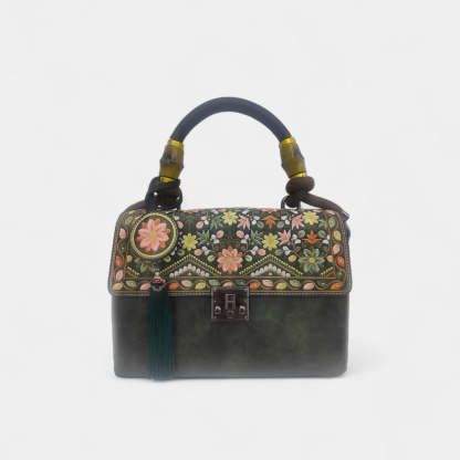 Designer Floral Handbag | Vintage Embroidered Green Message Bag with Bamboo Handle & Tassel