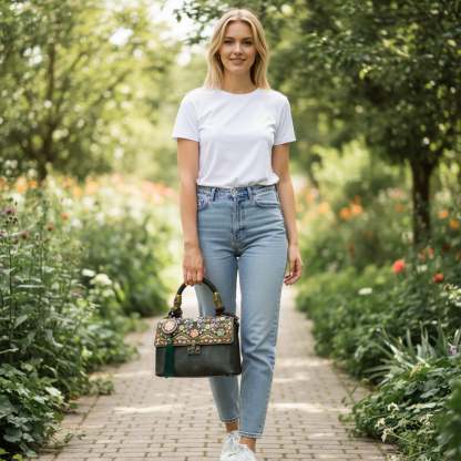 Designer Floral Handbag | Vintage Embroidered Green Message Bag with Bamboo Handle & Tassel