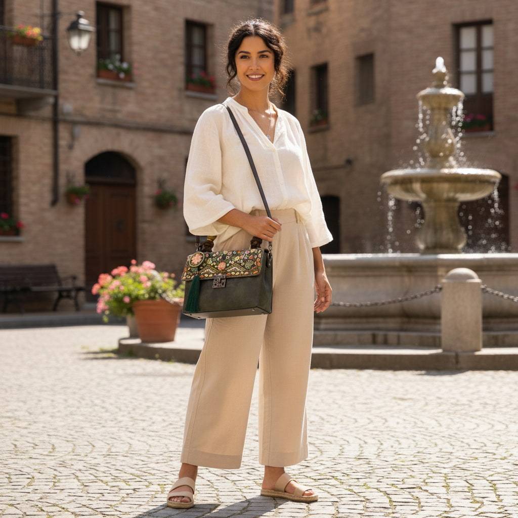 Designer Floral Handbag | Vintage Embroidered Green Message Bag with Bamboo Handle & Tassel