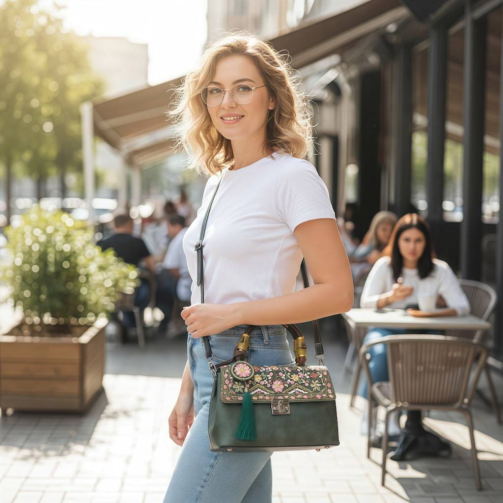 Designer Floral Handbag | Vintage Embroidered Green Message Bag with Bamboo Handle & Tassel