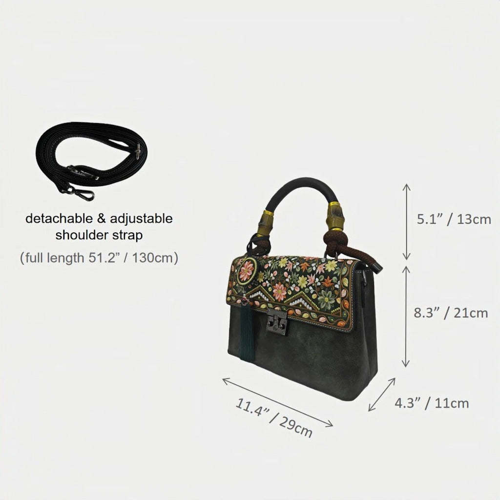 Designer Floral Handbag | Vintage Embroidered Green Message Bag with Bamboo Handle & Tassel