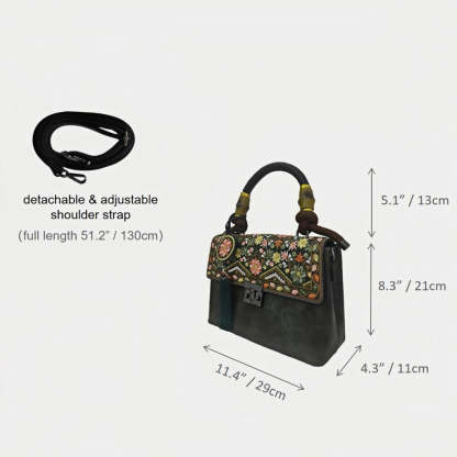 Designer Floral Handbag | Vintage Embroidered Green Message Bag with Bamboo Handle & Tassel