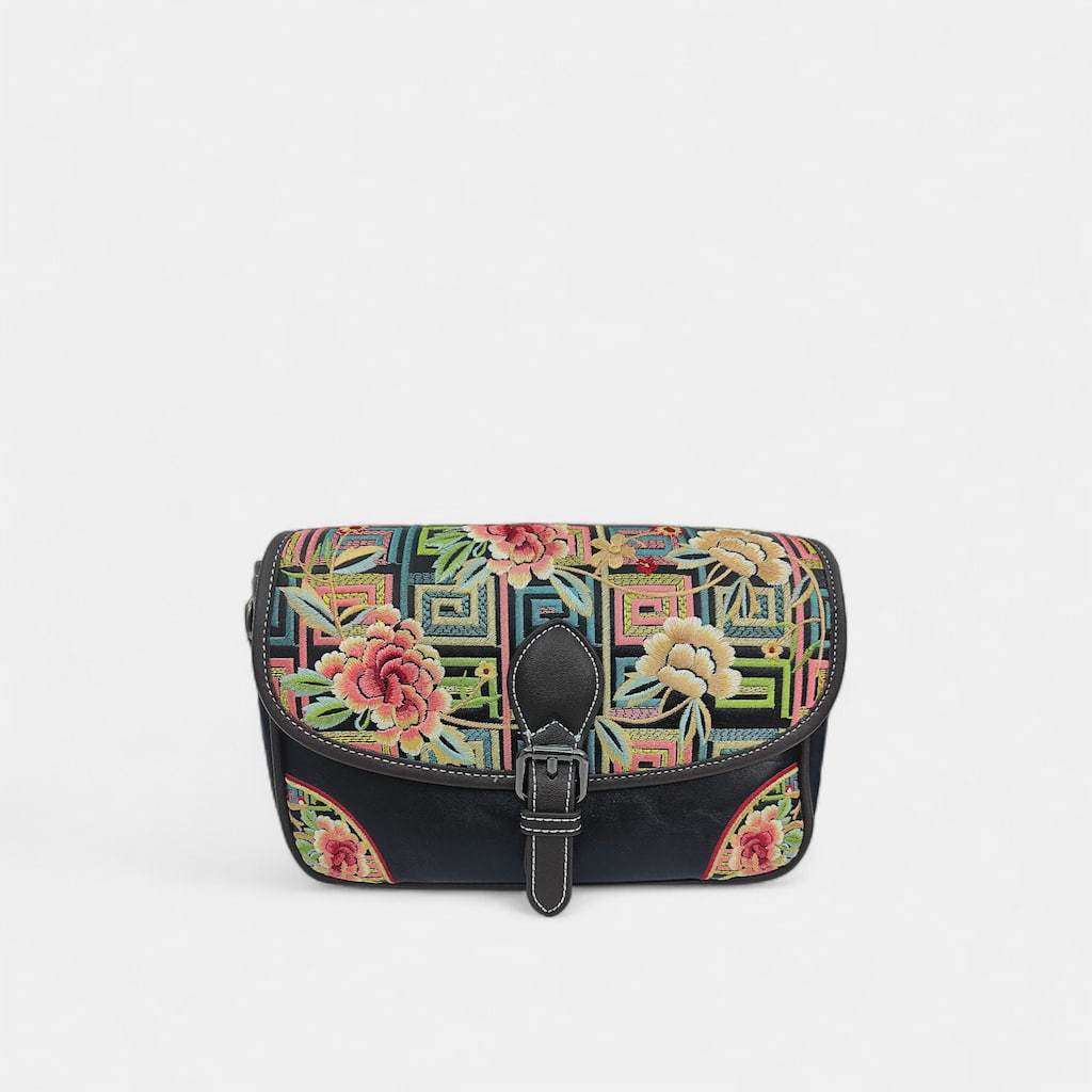 Black Geometric-Floral Embroidered Crossbody Bag (PU Leather) | Designer Handbag