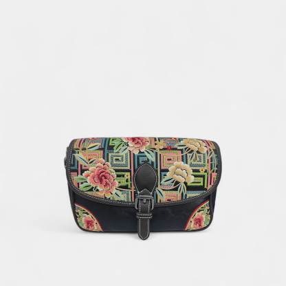 Black Geometric-Floral Embroidered Crossbody Bag (PU Leather) | Designer Handbag