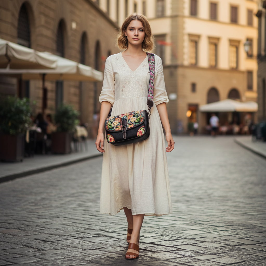 Black Geometric-Floral Embroidered Crossbody Bag (PU Leather) | Designer Handbag