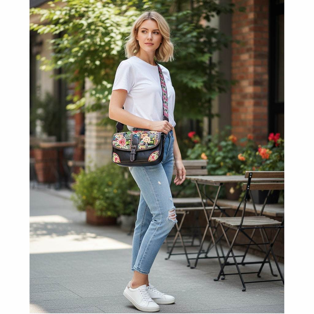 Black Geometric-Floral Embroidered Crossbody Bag (PU Leather) | Designer Handbag