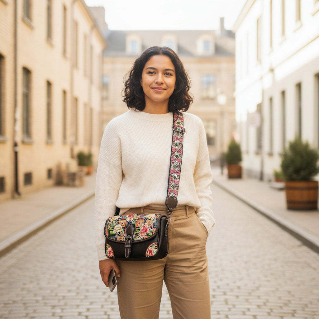 Black Geometric-Floral Embroidered Crossbody Bag (PU Leather) | Designer Handbag