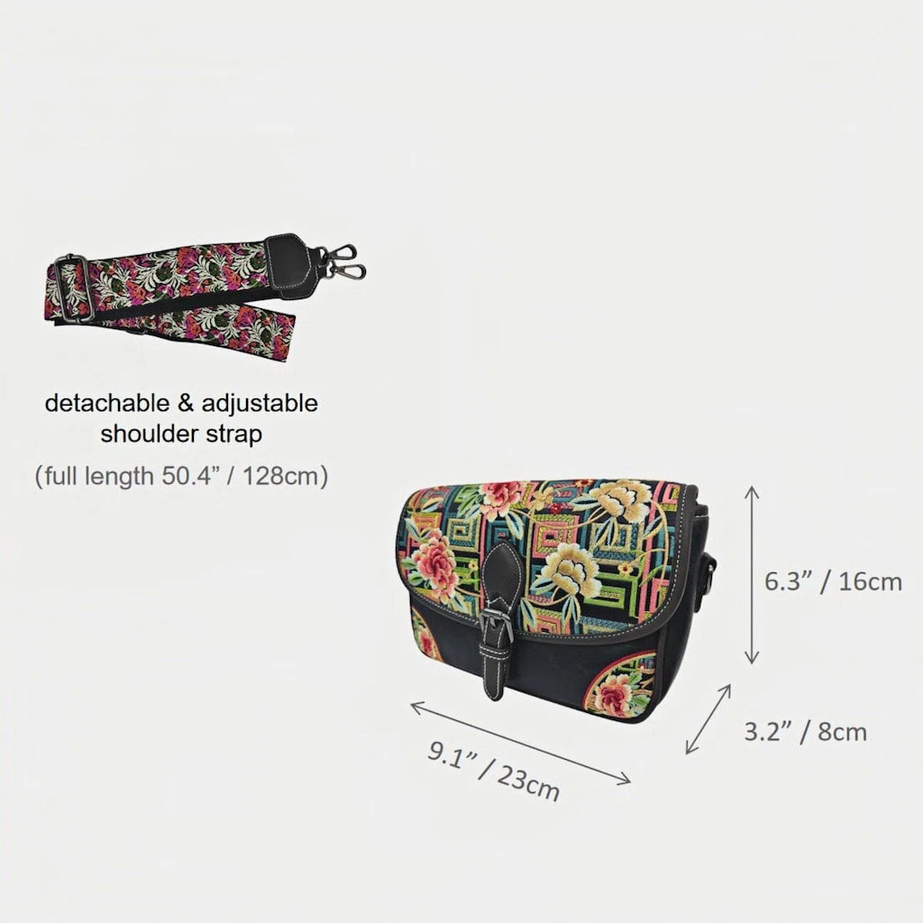 Black Geometric-Floral Embroidered Crossbody Bag (PU Leather) | Designer Handbag
