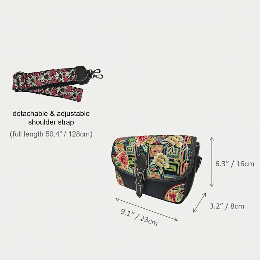 Black Geometric-Floral Embroidered Crossbody Bag (PU Leather) | Designer Handbag