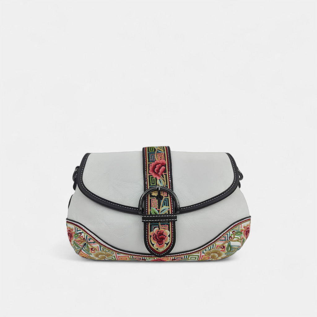 White Designer Floral Handbag | Chinese Key Pattern Embroidered Crossbody PU Leather