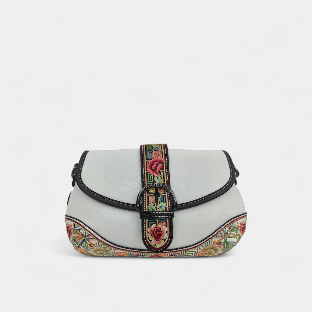 White Designer Floral Handbag | Chinese Key Pattern Embroidered Crossbody PU Leather