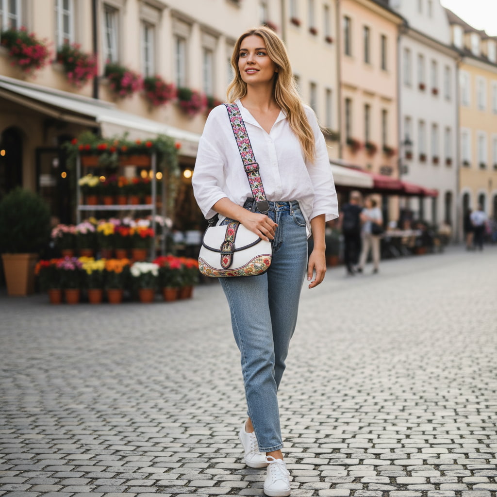 White Designer Floral Handbag | Chinese Key Pattern Embroidered Crossbody PU Leather