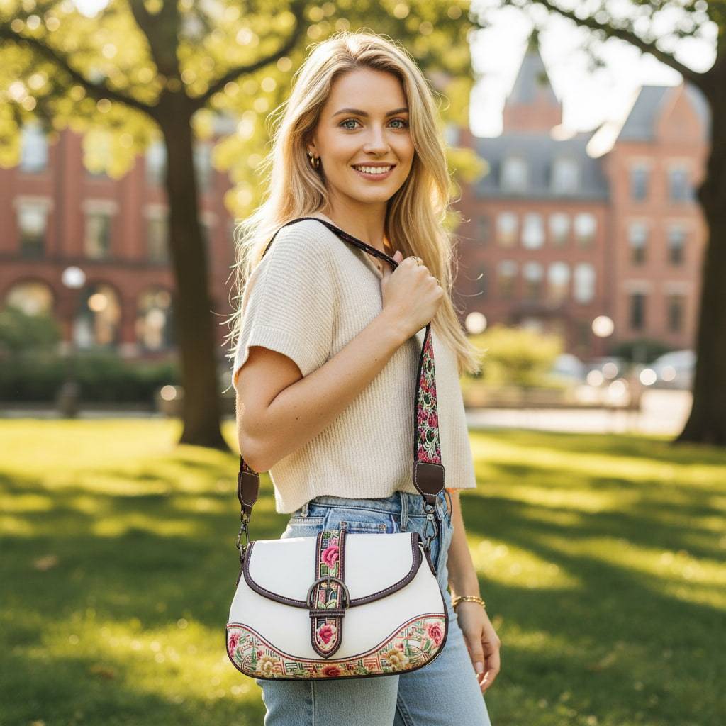 White Designer Floral Handbag | Chinese Key Pattern Embroidered Crossbody PU Leather