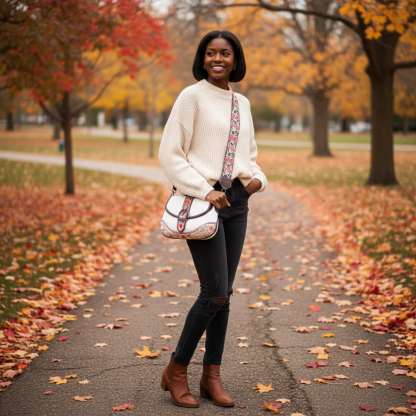 White Designer Floral Handbag | Chinese Key Pattern Embroidered Crossbody PU Leather