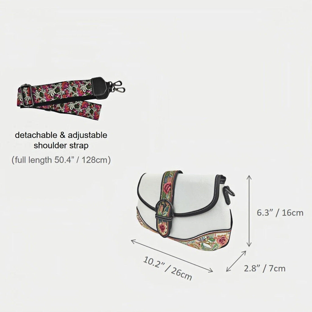 White Designer Floral Handbag | Chinese Key Pattern Embroidered Crossbody PU Leather