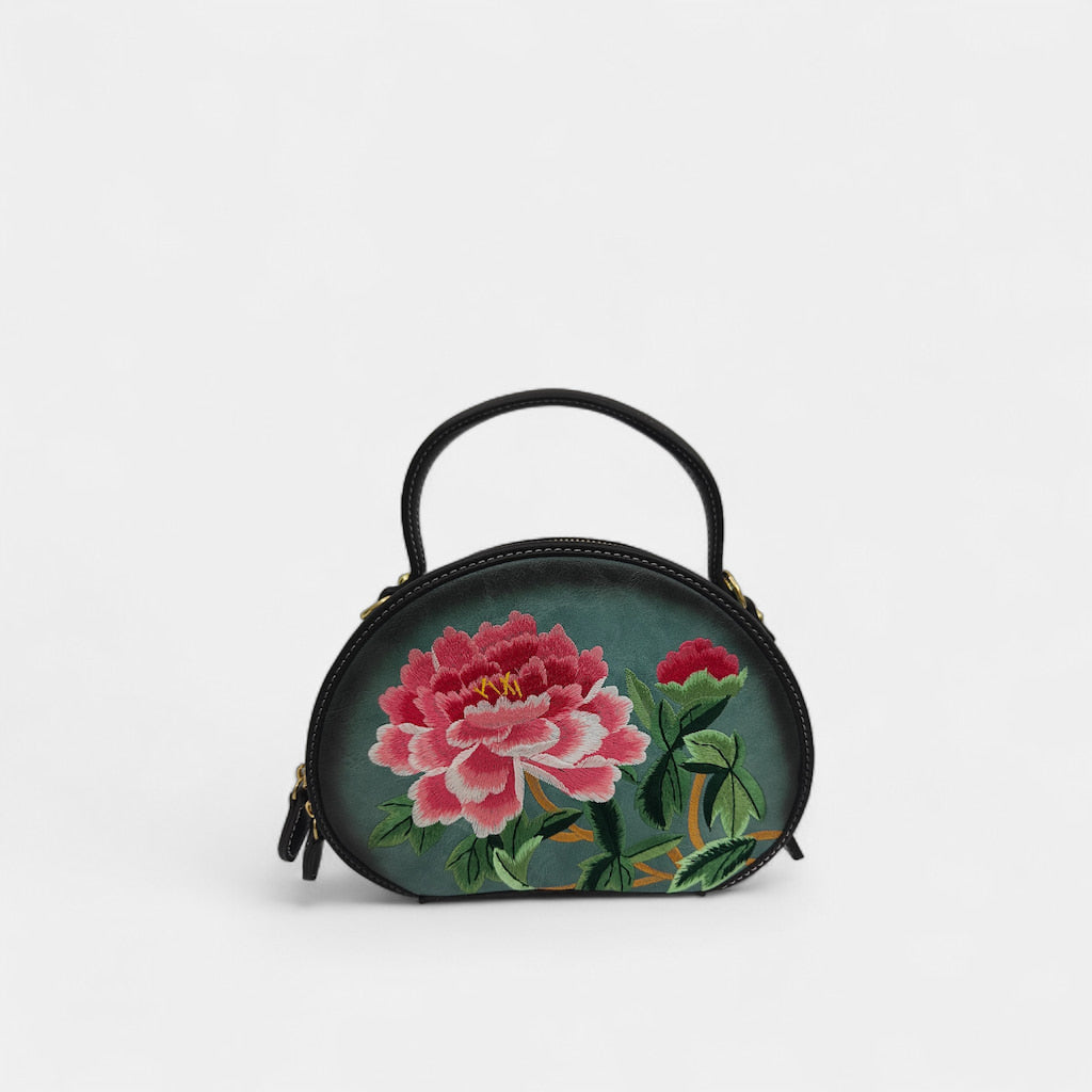 Mini Designer Floral Handbag | Oriental Peony Embroidered Round Bag (Green PU Leather, Detachable Strap)