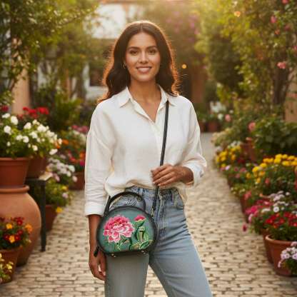 Mini Designer Floral Handbag | Oriental Peony Embroidered Round Bag (Green PU Leather, Detachable Strap)