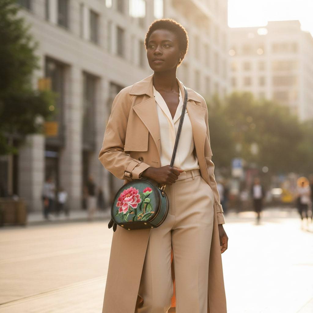 Mini Designer Floral Handbag | Oriental Peony Embroidered Round Bag (Green PU Leather, Detachable Strap)