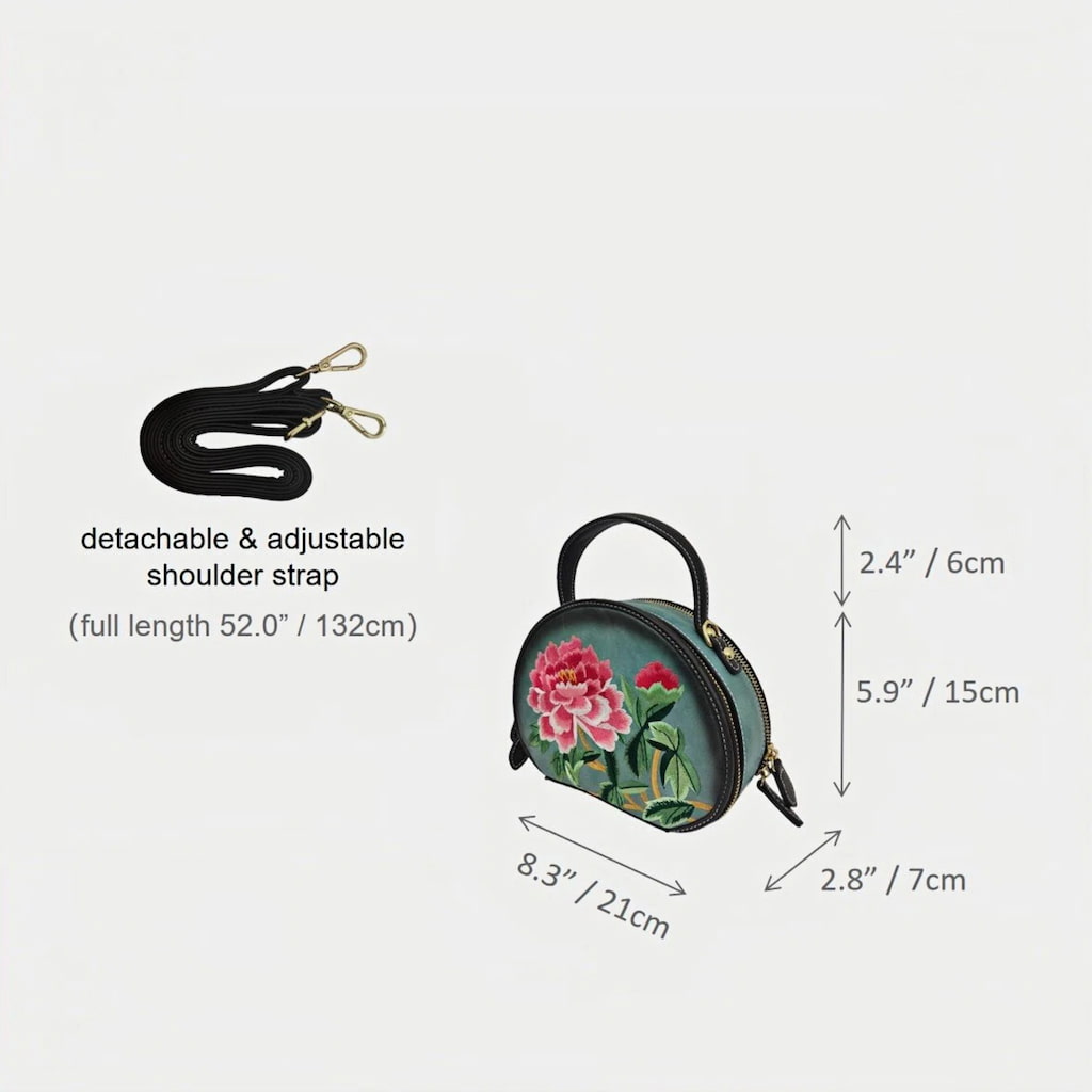 Mini Designer Floral Handbag | Oriental Peony Embroidered Round Bag (Green PU Leather, Detachable Strap)