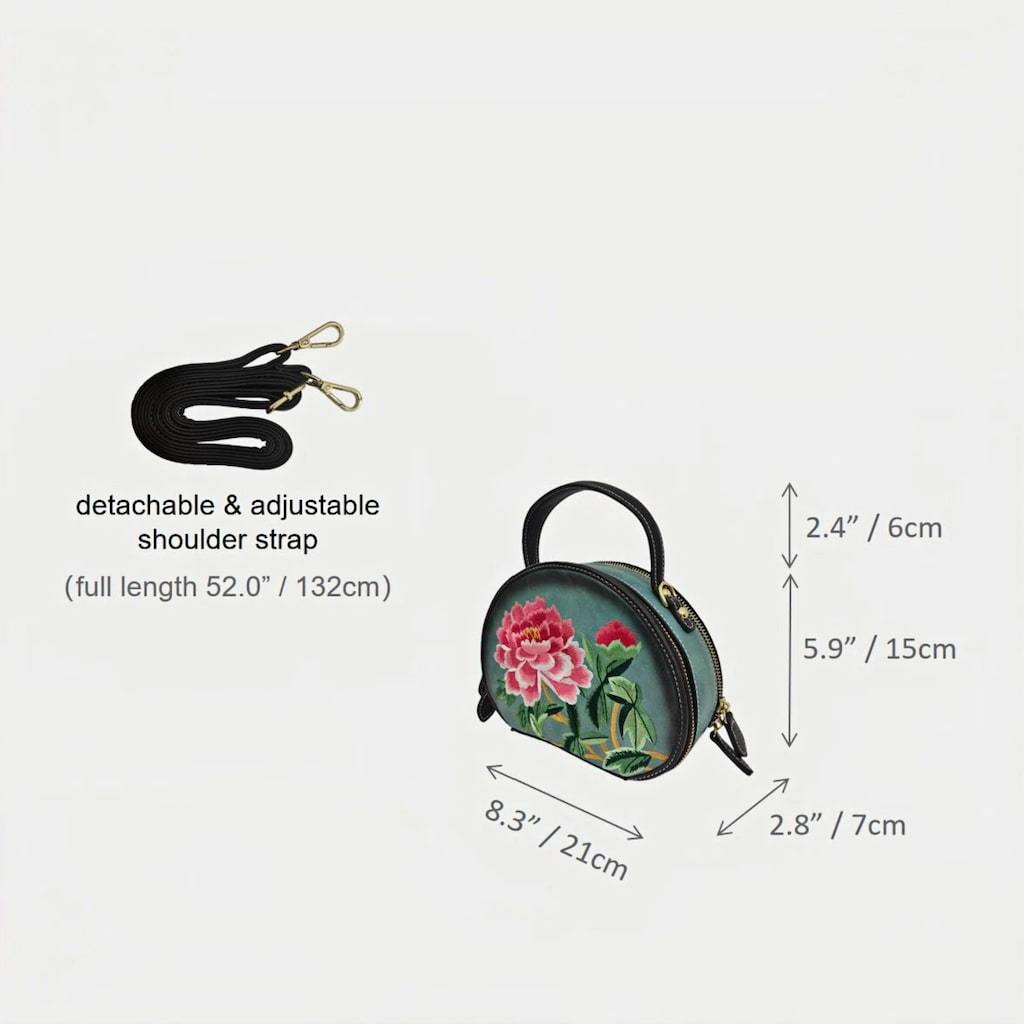 Mini Designer Floral Handbag | Oriental Peony Embroidered Round Bag (Green PU Leather, Detachable Strap)