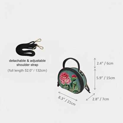 Mini Designer Floral Handbag | Oriental Peony Embroidered Round Bag (Green PU Leather, Detachable Strap)