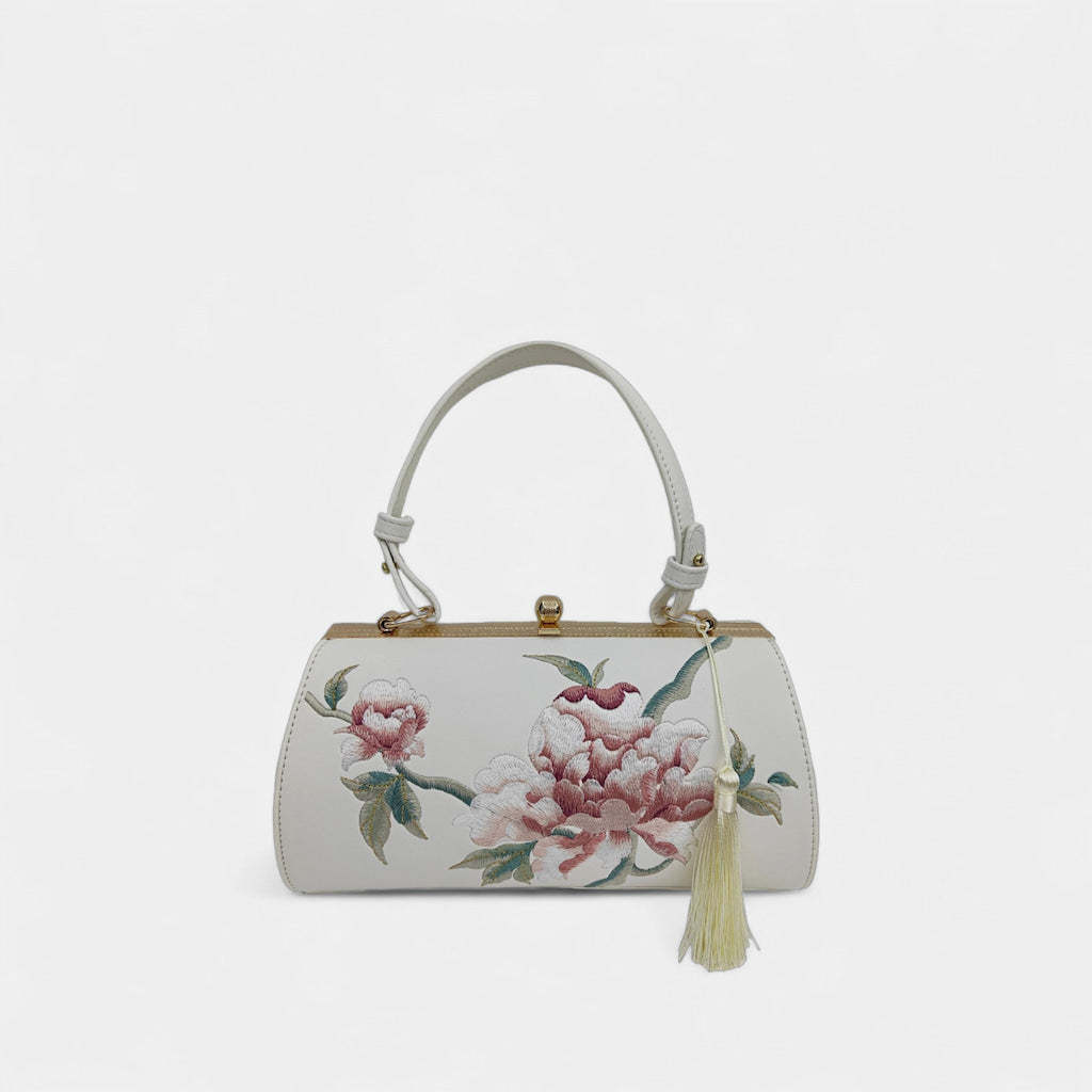 Designer Floral Handbag | White Vintage Embroidered Peony Barrel Bag with Tassel