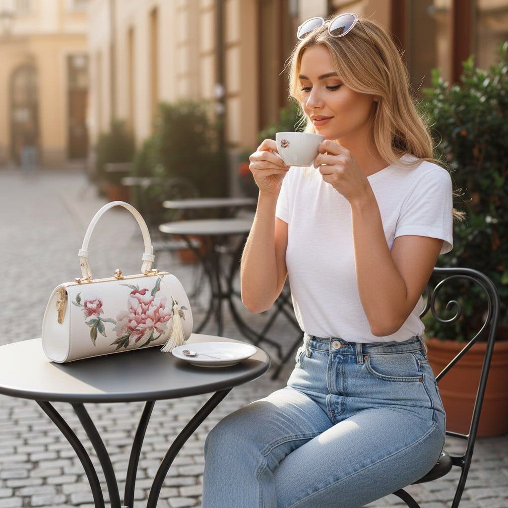 Designer Floral Handbag | White Vintage Embroidered Peony Barrel Bag with Tassel