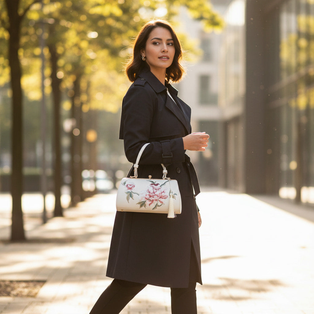 Designer Floral Handbag | White Vintage Embroidered Peony Barrel Bag with Tassel